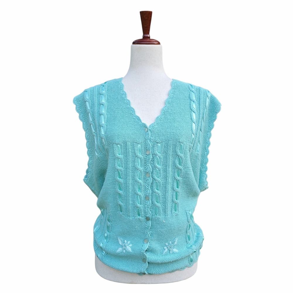 VTG Cottagecore Sweater Vest Size 2XL Blue Embroidered Ribbon Scalloped Pastel
